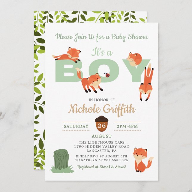 Invitación Baby Shower de Woodland Forest Fox Boy (Anverso / Reverso)