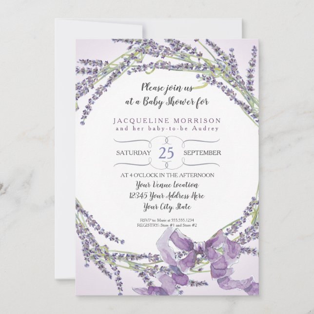 Invitación Baby Shower de Wreath floral de Lavender francés 5 (Anverso)