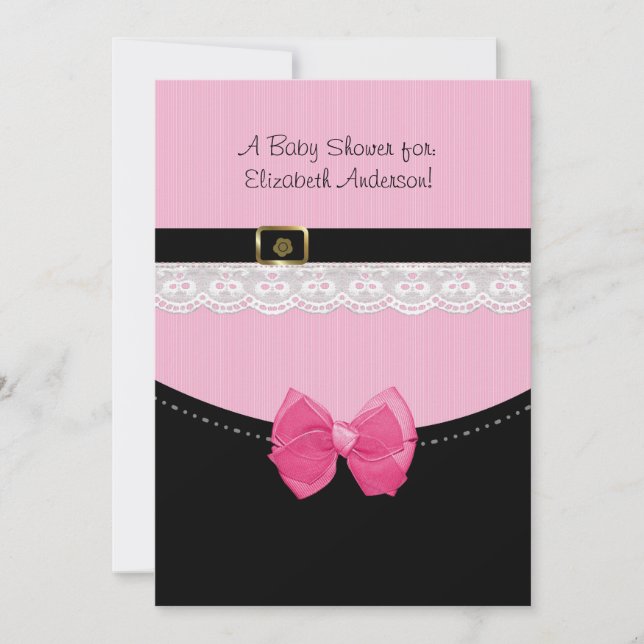 Invitación Baby Shower De Zapatos De Bebé Rosa Y Negro Girly (Anverso)