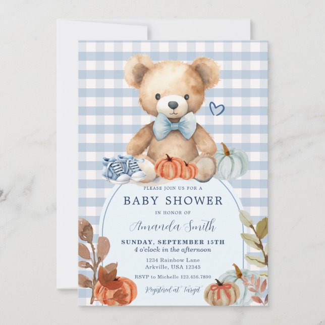 Invitación Baby Shower de zapatos de calabaza de oso de Gingh (Anverso)