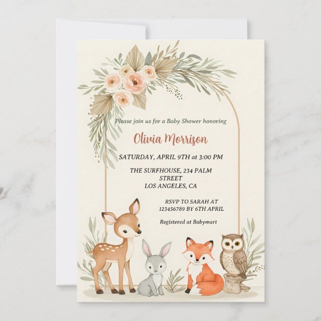 Invitación Baby Shower Deer, Bunny, Fox & Owl Floral Arch (Anverso)
