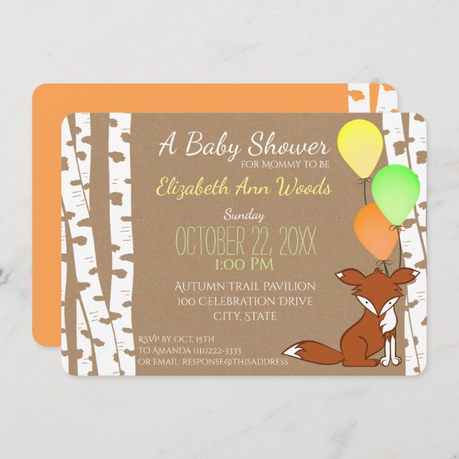Invitación Baby Shower del árbol de birch de Fox Woodland (Anverso / Reverso)
