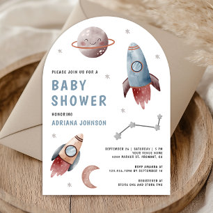 Invitación Baby Shower del arco de cohetes de planetas del es