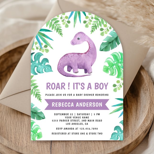 Invitación Baby Shower del arco de dinosaurios azul y púrpura (Subido por el creador)