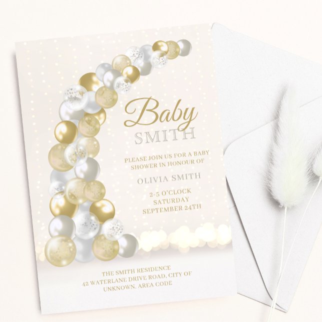 Invitación Baby Shower del Arco de Globos Dorado y Plateado (Subido por el creador)
