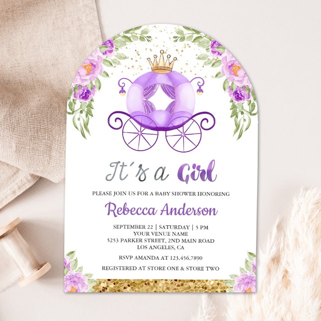 Invitación Baby Shower del arco de la princesa morada floral (Subido por el creador)