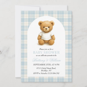 Invitación Baby Shower del arco de plástico azul de oso prepp