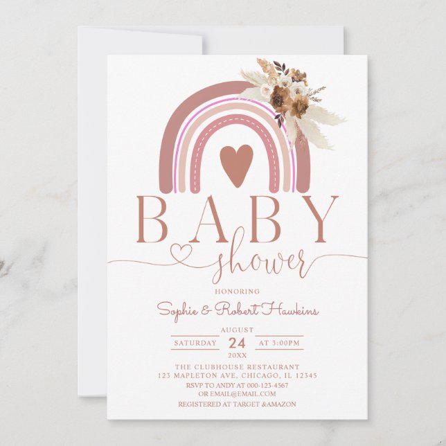 Invitación Baby Shower del arcoiris de Boho Pampas (Anverso)