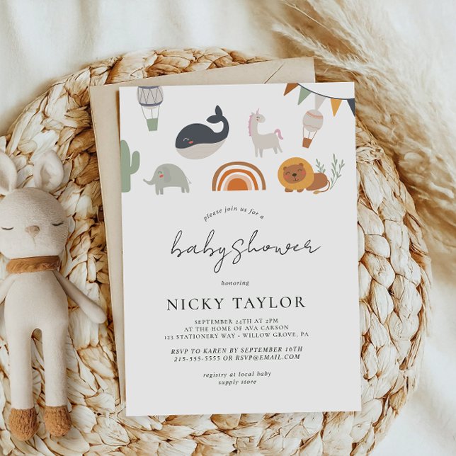 Invitación Baby Shower del arcoiris de Boho Safari Cuke Anima (Subido por el creador)