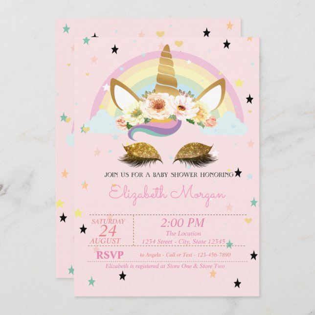 Invitación Baby Shower del arcoiris floral de unicornio Purpu (Anverso / Reverso)