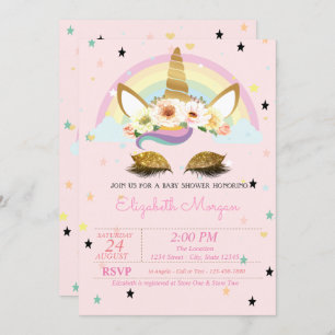 Invitación Baby Shower del arcoiris floral de unicornio Purpu