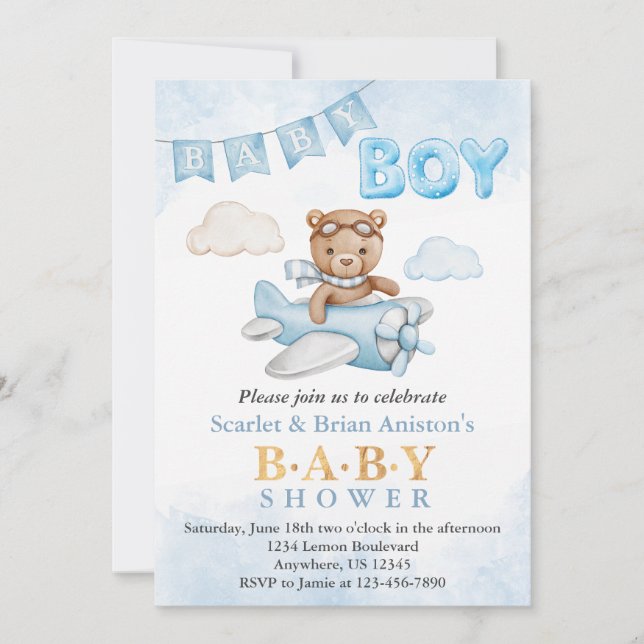 Invitación Baby Shower del avión de Boy Teddy Bear (Anverso)