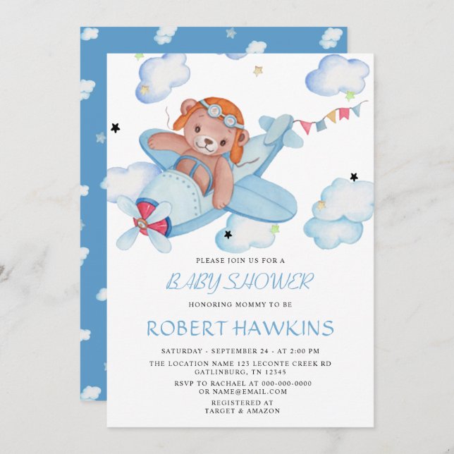 Invitación Baby Shower del avión Teddy Bear (Anverso / Reverso)