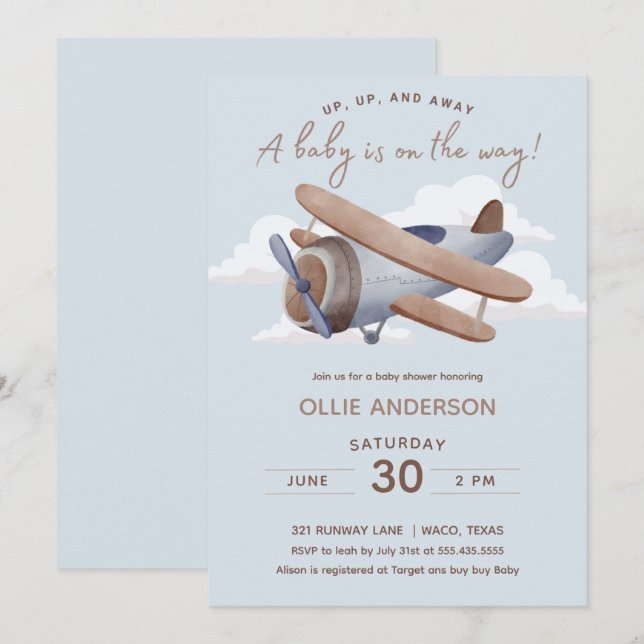 Invitación Baby Shower del avión Time Flies (Anverso / Reverso)