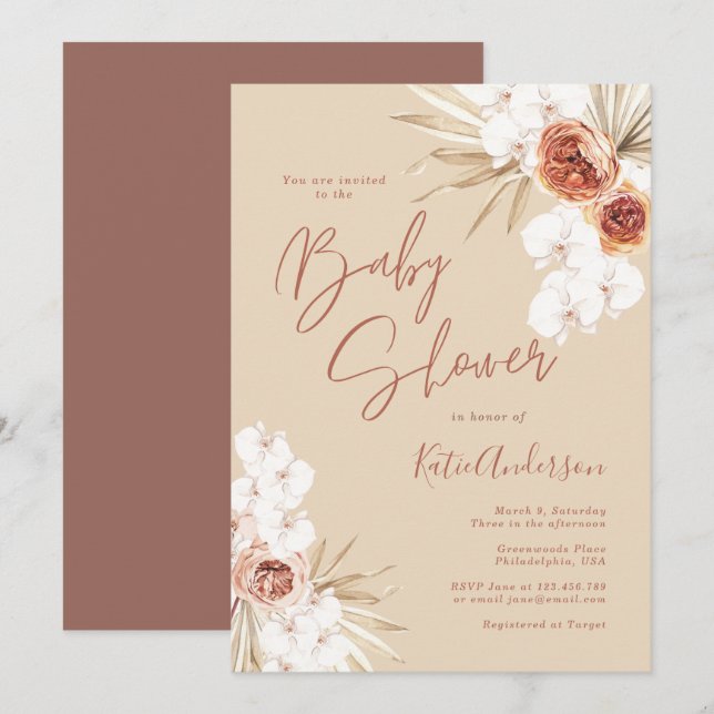 Invitación Baby Shower del Boho de Grass Boho de Pampas con T (Anverso / Reverso)