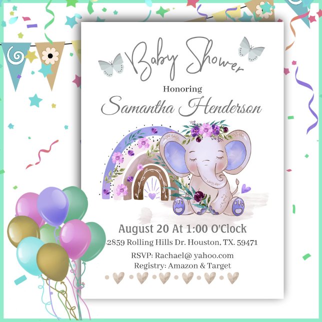 Invitación Baby Shower del Boho Rainbow Baby Elephant (Subido por el creador)