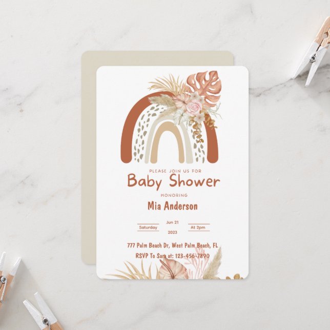 Invitación Baby Shower del Boho Rainbow Neutral Pampas Grass (Anverso/Reverso In Situ)