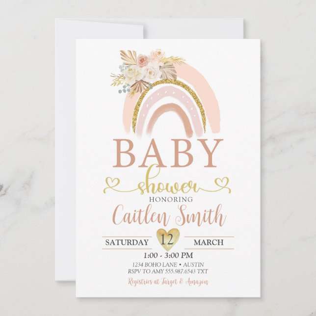 Invitación Baby Shower del Boho Rainbow Pink Gold (Anverso)