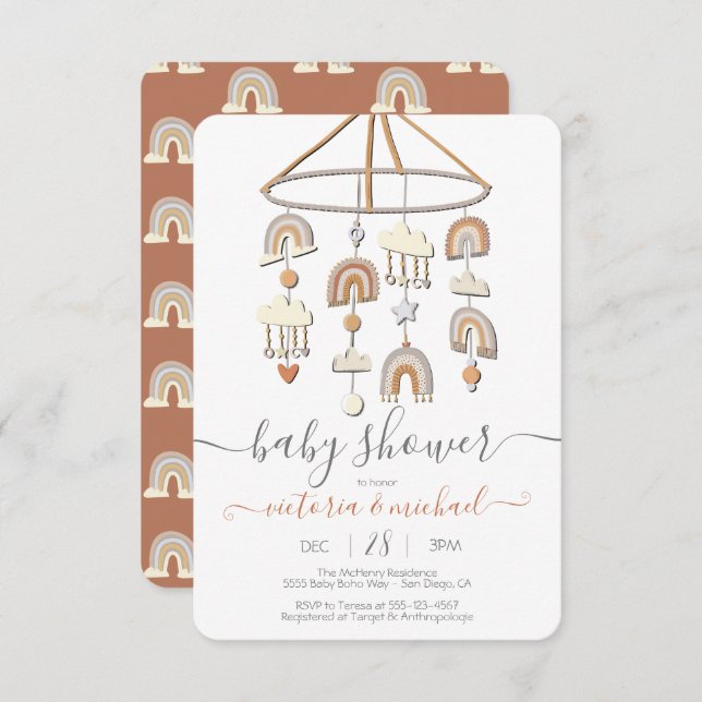 Invitación Baby Shower del Boho Scandi Rainbow (Anverso / Reverso)