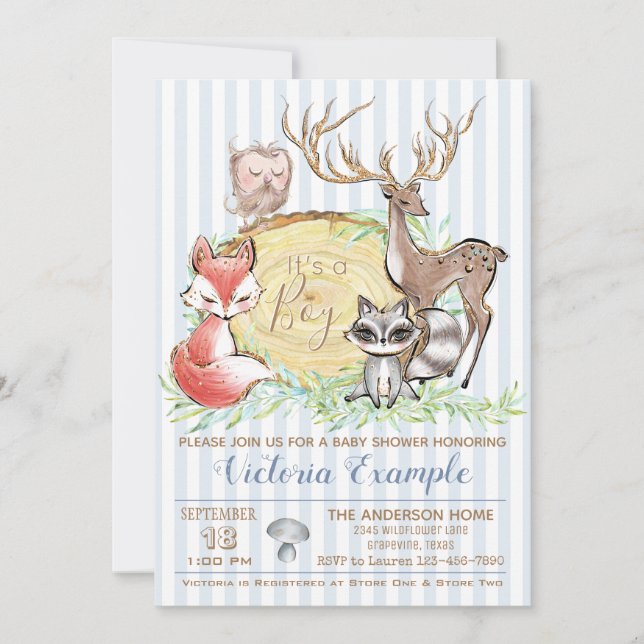 Invitación Baby Shower del bosque de Boy Woodland (Anverso)