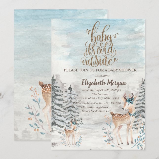 Invitación Baby Shower del bosque de pinos de renos para bebé (Anverso / Reverso)