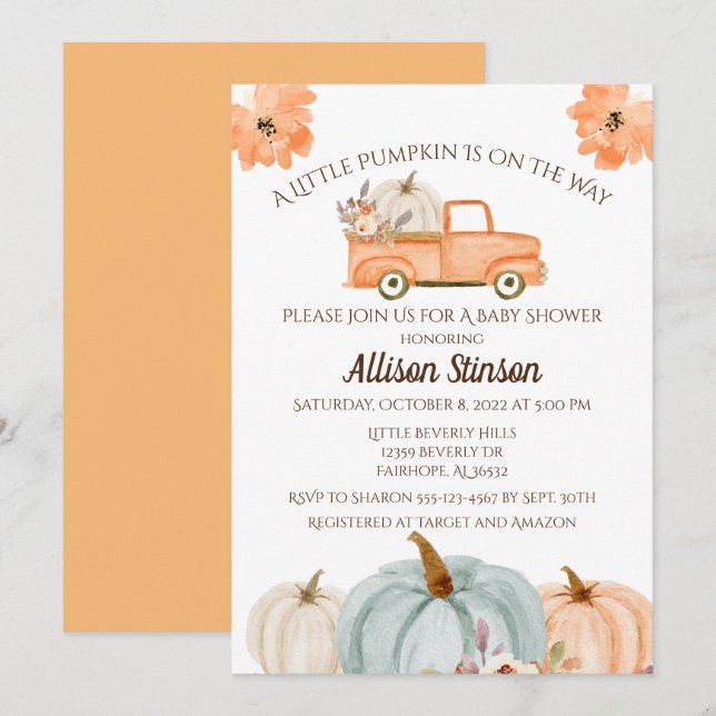 Invitación Baby Shower del camión de calabaza (Anverso / Reverso)