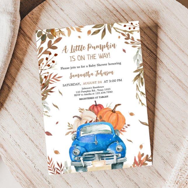 Invitación Baby Shower del camión de calabaza azul otoño (Truck Pumpkin Baby Shower Invitation)