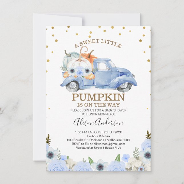Invitación Baby Shower del Camión de calabaza Floral Fall Blu (Anverso)