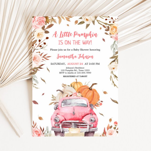 Invitación Baby Shower del camión de calabaza rosa otoño (Truck Pumpkin Baby Shower Invitation
)