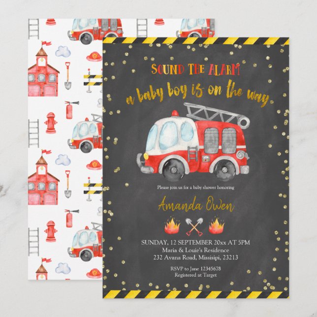 Invitación Baby Shower del Chalkboard Firefighter  (Anverso / Reverso)