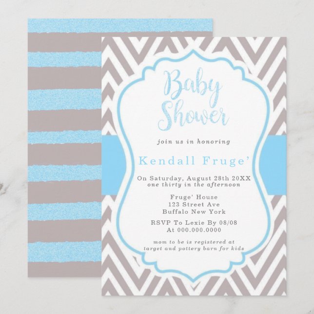 Invitación Baby Shower del Chevron Frame Boy Blue  (Anverso / Reverso)