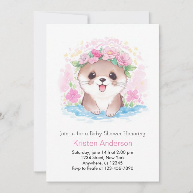 Invitación Baby Shower del Chica de encanto de acuarela Otter (Anverso)
