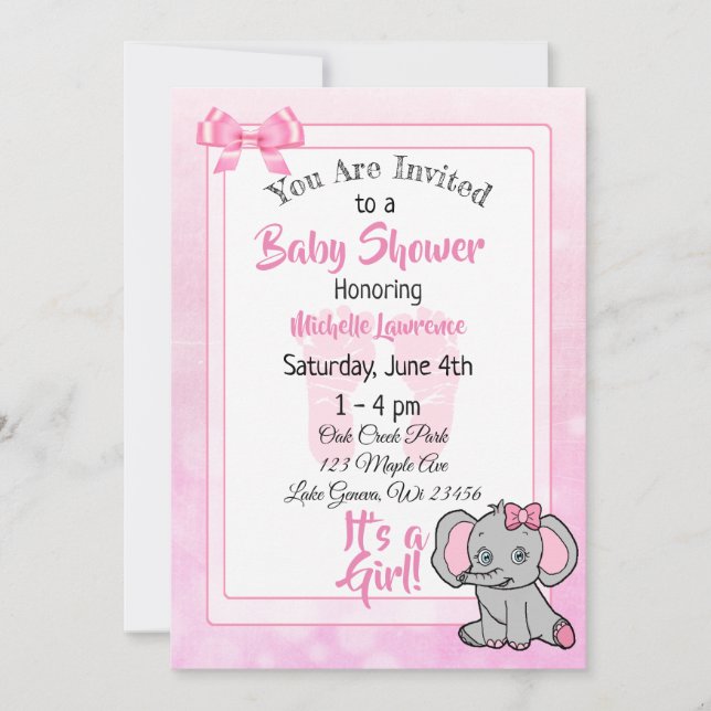 Invitación Baby Shower del Chica Elefante Rosa (Anverso)