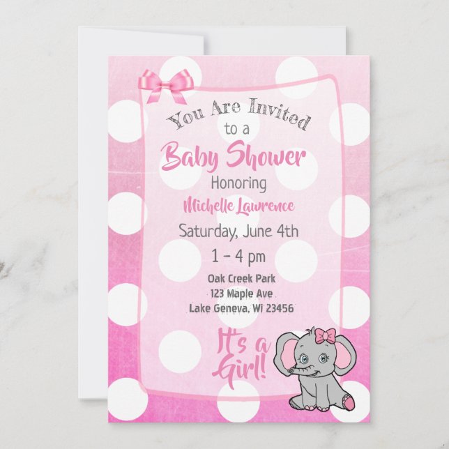 Invitación Baby Shower del Chica Elefante Rosa (Anverso)