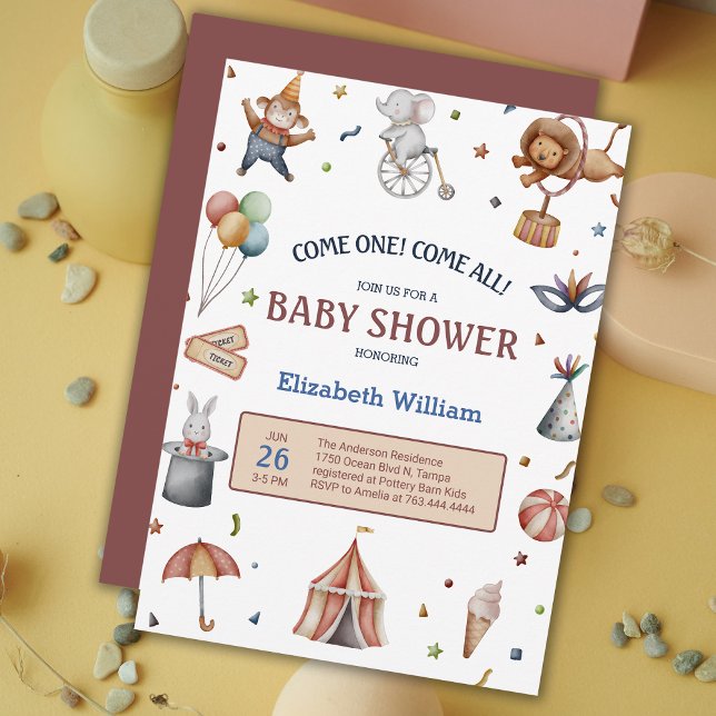 Invitación Baby Shower del desfile de circo de animales jugue (Whimsical Animals Circus Parade Baby Shower Invitation)