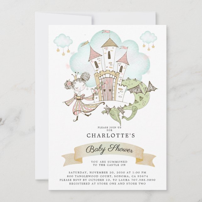 Invitación Baby Shower del Dragon Princess Castle (Anverso)