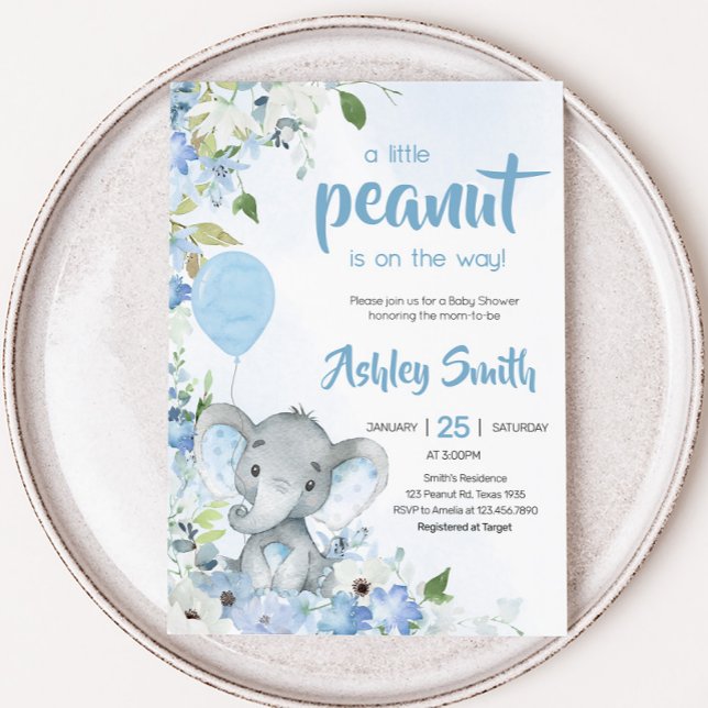 Invitación Baby Shower del Elefante Azul de cacahuete (Little Peanut Blue Elephant Baby Shower Invitation)