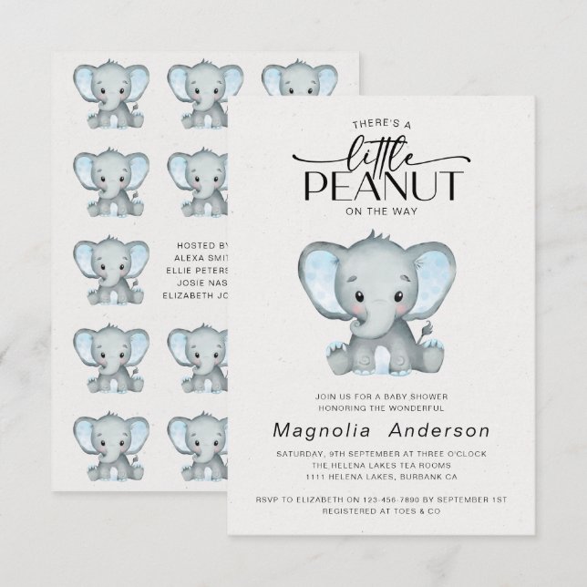 Invitación Baby Shower del Elefante Azul del cacahuete (Anverso / Reverso)