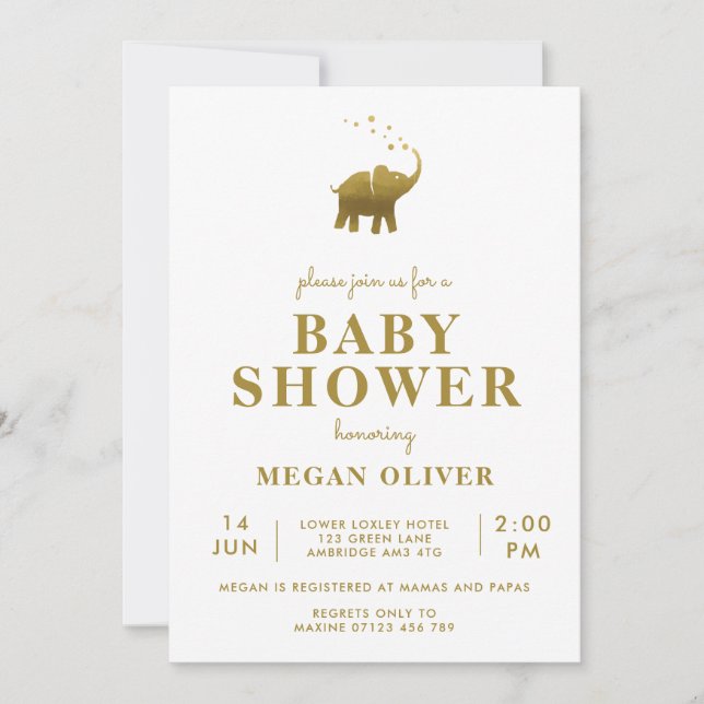 Invitación Baby Shower del Elefante Dorado (Anverso)