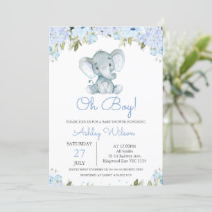 Invitación Baby Shower del Elefante Hidrangea Azul del niño