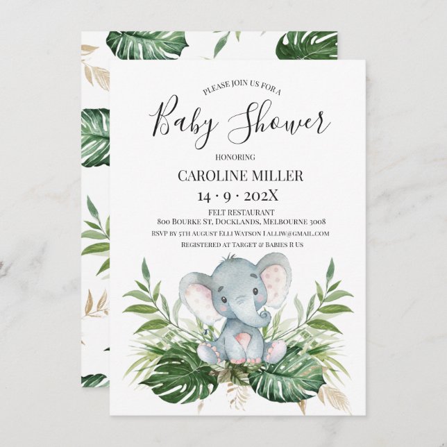 Invitación Baby Shower del Elefante Safari Gold Green Foliage (Anverso / Reverso)