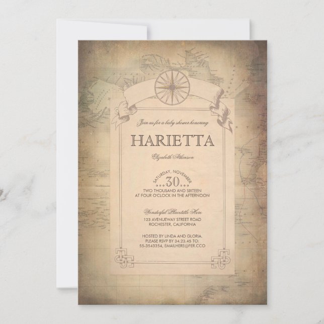 Invitación Baby Shower del Explorador de mapas de viajes del  (Anverso)