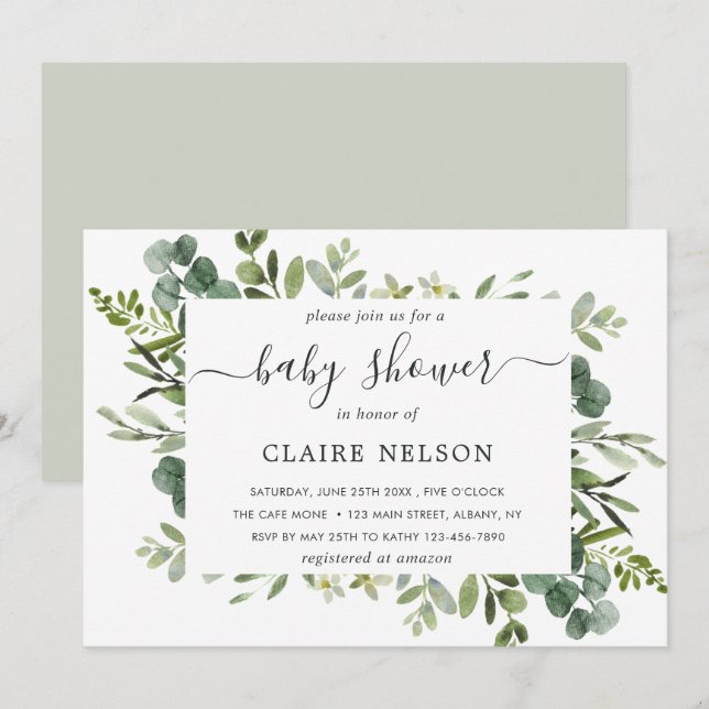 Invitación Baby Shower del Foliage verde Eucalyptus (Anverso / Reverso)