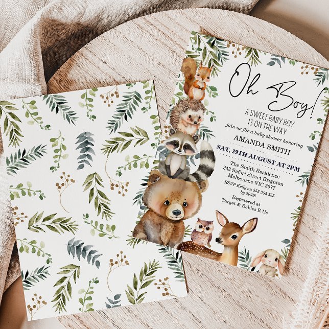 Invitación Baby Shower del follaje de Brown Oh Boy Woodland (Sweet woodland themed boy's baby shower invitation featuring seven cute animals and some greenery.)