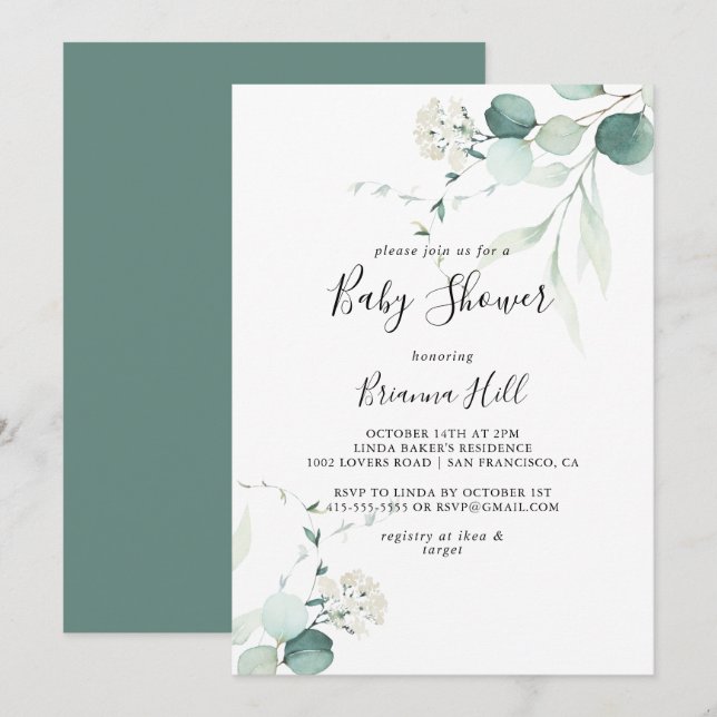 Invitación Baby Shower del follaje verde del eucalipto del ve (Anverso / Reverso)