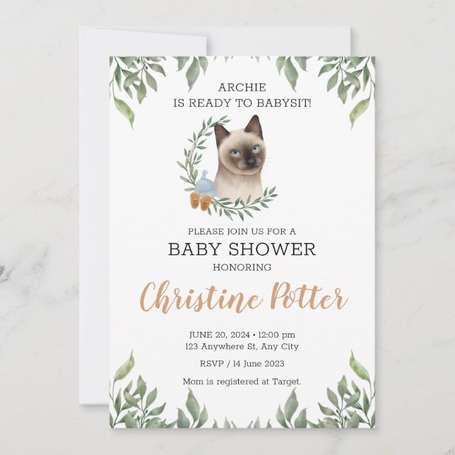 Invitación Baby Shower del gato chiflado siamés (Anverso)