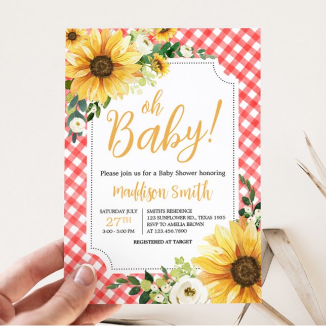 Invitación Baby Shower del girasol rojo (Floral Picnic Baby Shower Invitation)