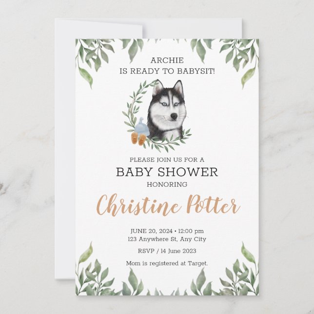 Invitación Baby Shower del Husky Dog Boy Boho Greenery (Anverso)