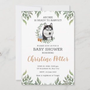 Invitación Baby Shower del Husky Dog Boy Boho Greenery