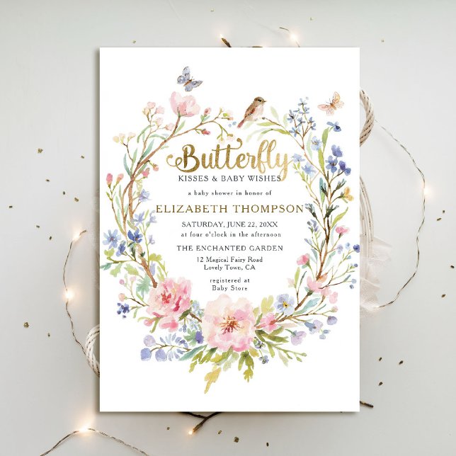 Invitación Baby Shower del Jardín de flores silvestres de los (butterfly kisses baby shower invitation fairy enchanted garden woodland forest bird spring summer)